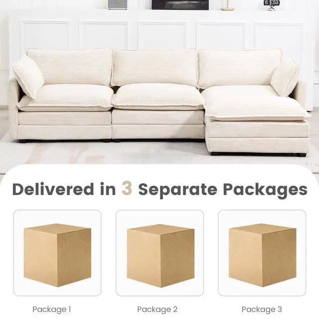 Alt view image 4 of 7 - Oversized Modular Sectional Sofa with Movable Ottoman, 112 Inch 4 Seat Modern Corduroy Sofa Set, Convertible L Shaped Couch for Living Room and Office, Beige