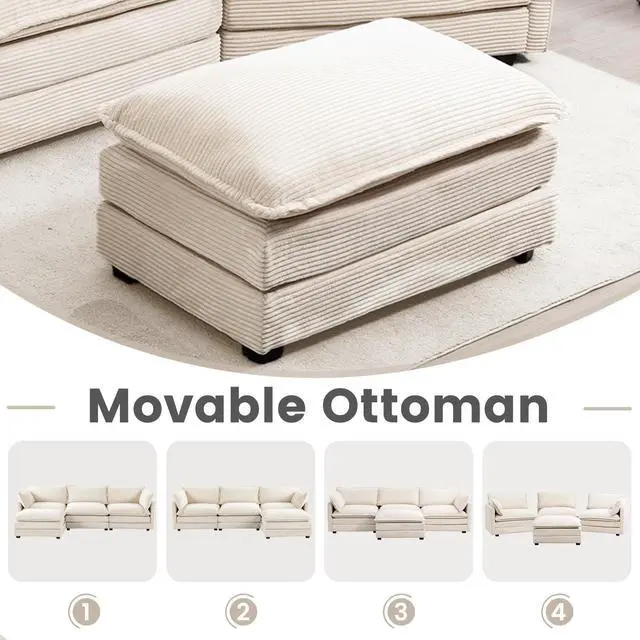 Alt view image 7 of 7 - Oversized Modular Sectional Sofa with Movable Ottoman, 112 Inch 4 Seat Modern Corduroy Sofa Set, Convertible L Shaped Couch for Living Room and Office, Beige