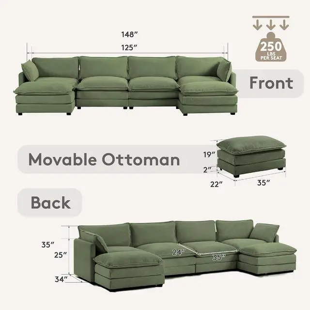 Alt view image 2 of 6 - 148'' Sectional Cloud Couch with 2 Ottomans, Oversized 4 Seat Sleeper Sofa with 2 Throw Pillows, Convertible Upholstered U Shaped Cozy Sofa Furniture Set for Living Room and Office, Green
