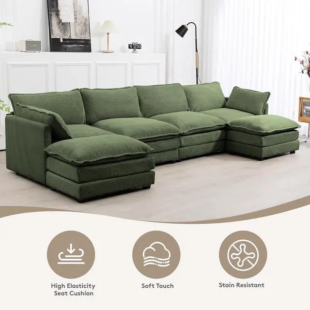 Alt view image 3 of 6 - 148'' Sectional Cloud Couch with 2 Ottomans, Oversized 4 Seat Sleeper Sofa with 2 Throw Pillows, Convertible Upholstered U Shaped Cozy Sofa Furniture Set for Living Room and Office, Green