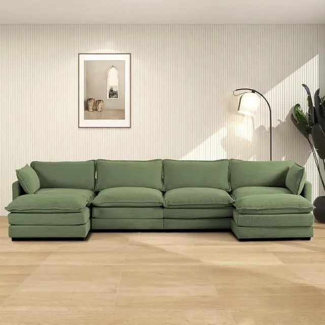 Main image of 148'' Sectional Cloud Couch with 2 Ottomans, Oversized 4 Seat Sleeper Sofa with 2 Throw Pillows, Convertible Upholstered U Shaped Cozy Sofa Furniture Set for Living Room and Office, Green