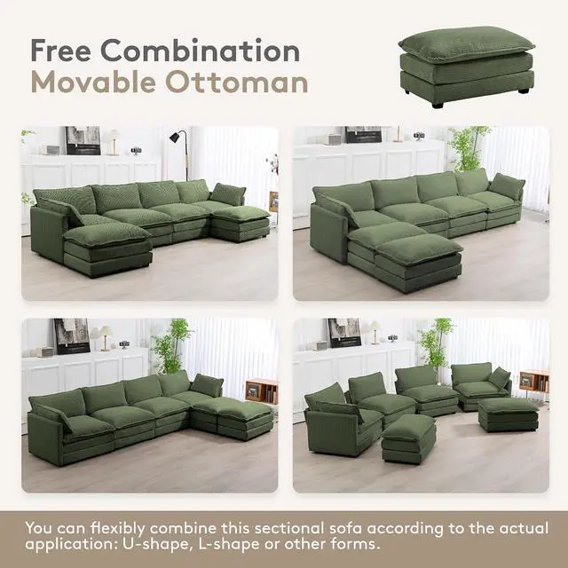 Alt view image 4 of 6 - 148'' Sectional Cloud Couch with 2 Ottomans, Oversized 4 Seat Sleeper Sofa with 2 Throw Pillows, Convertible Upholstered U Shaped Cozy Sofa Furniture Set for Living Room and Office, Green