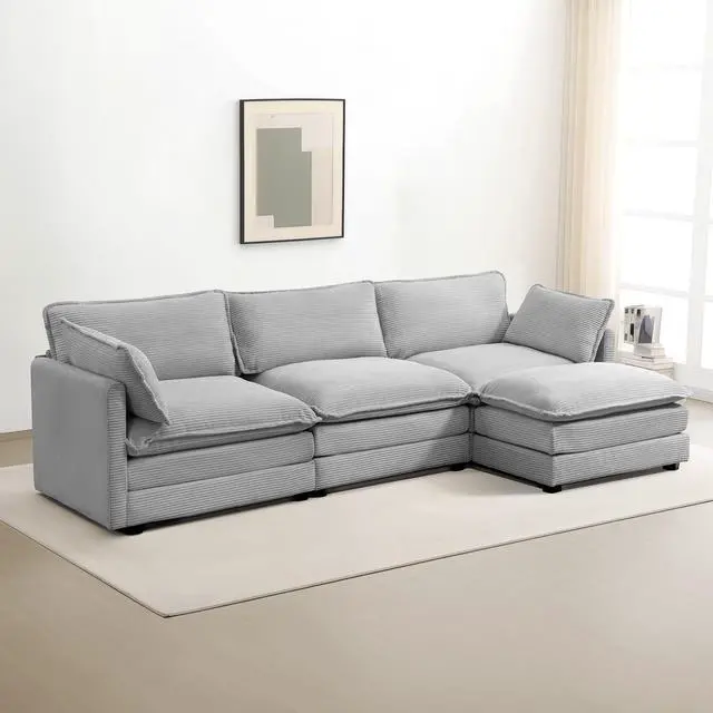 Main image of Oversized Modular Sectional Sofa with Movable Ottoman, 112 Inch 4 Seat Modern Corduroy Sofa Set, Convertible L Shaped Couch for Living Room and Office, Light Grey