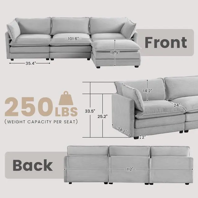 Alt view image 2 of 7 - Oversized Modular Sectional Sofa with Movable Ottoman, 112 Inch 4 Seat Modern Corduroy Sofa Set, Convertible L Shaped Couch for Living Room and Office, Light Grey