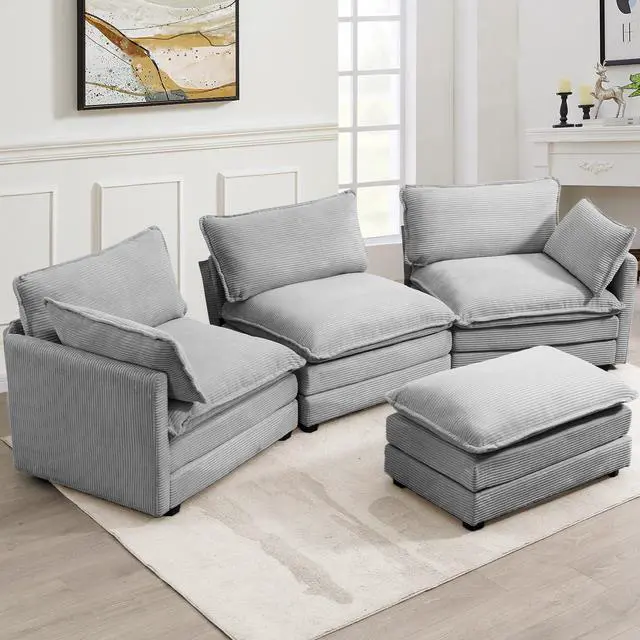 Alt view image 3 of 7 - Oversized Modular Sectional Sofa with Movable Ottoman, 112 Inch 4 Seat Modern Corduroy Sofa Set, Convertible L Shaped Couch for Living Room and Office, Light Grey