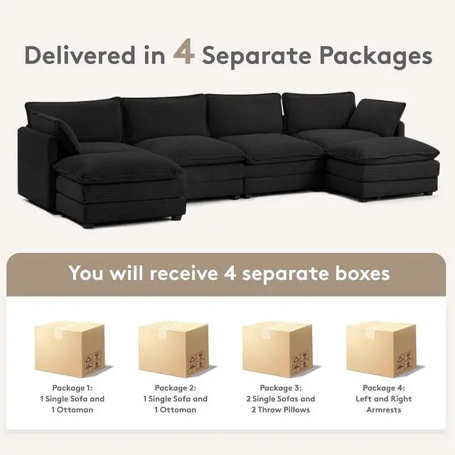 Alt view image 5 of 6 - 148'' Sectional Cloud Couch with 2 Ottomans, Oversized 4 Seat Sleeper Sofa with 2 Throw Pillows, Convertible Upholstered U Shaped Cozy Sofa Furniture Set for Living Room and Office, Black