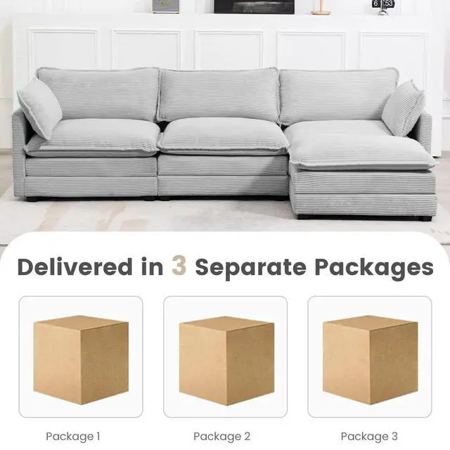 Alt view image 4 of 7 - Oversized Modular Sectional Sofa with Movable Ottoman, 112 Inch 4 Seat Modern Corduroy Sofa Set, Convertible L Shaped Couch for Living Room and Office, Light Grey