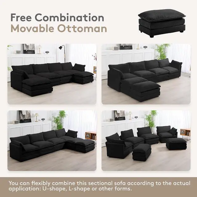 Alt view image 4 of 6 - 148'' Sectional Cloud Couch with 2 Ottomans, Oversized 4 Seat Sleeper Sofa with 2 Throw Pillows, Convertible Upholstered U Shaped Cozy Sofa Furniture Set for Living Room and Office, Black