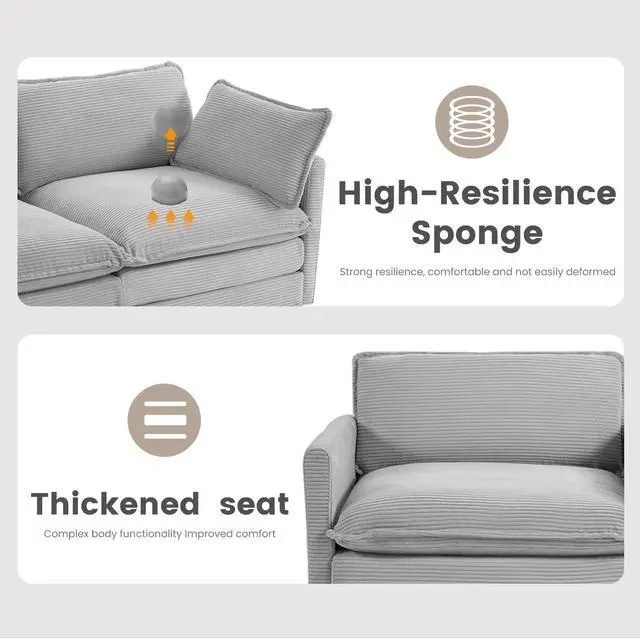 Alt view image 6 of 7 - Oversized Modular Sectional Sofa with Movable Ottoman, 112 Inch 4 Seat Modern Corduroy Sofa Set, Convertible L Shaped Couch for Living Room and Office, Light Grey