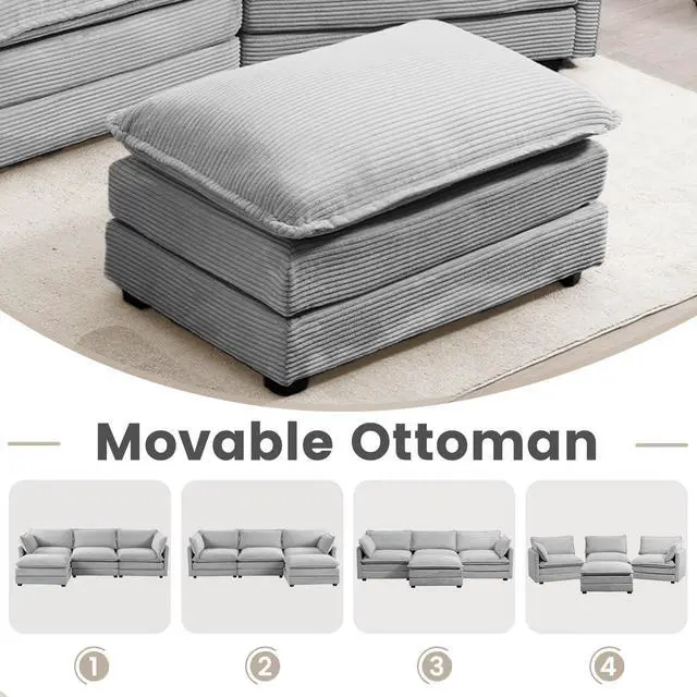 Alt view image 7 of 7 - Oversized Modular Sectional Sofa with Movable Ottoman, 112 Inch 4 Seat Modern Corduroy Sofa Set, Convertible L Shaped Couch for Living Room and Office, Light Grey