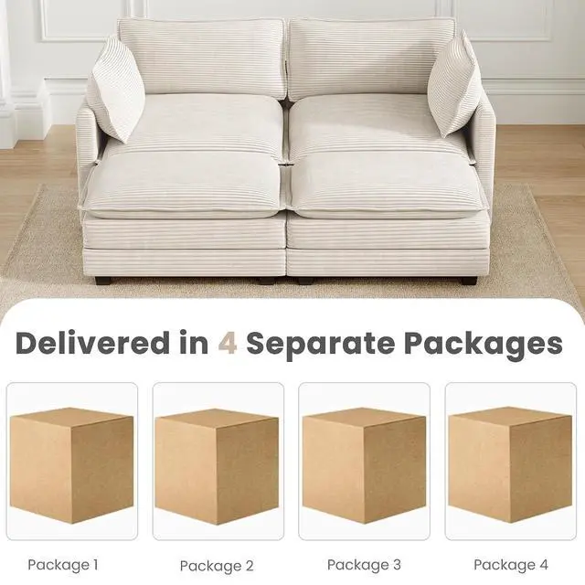 Alt view image 3 of 7 - 78'' Modular Sectional Cloud Couch with 2 Movable Ottoman, 4 Seat Comfy Modern Corduroy Sofa with 2 Throw Pillows, Deep Seat Sleeper Couch for Living Room Bedroom Apartment, Beige