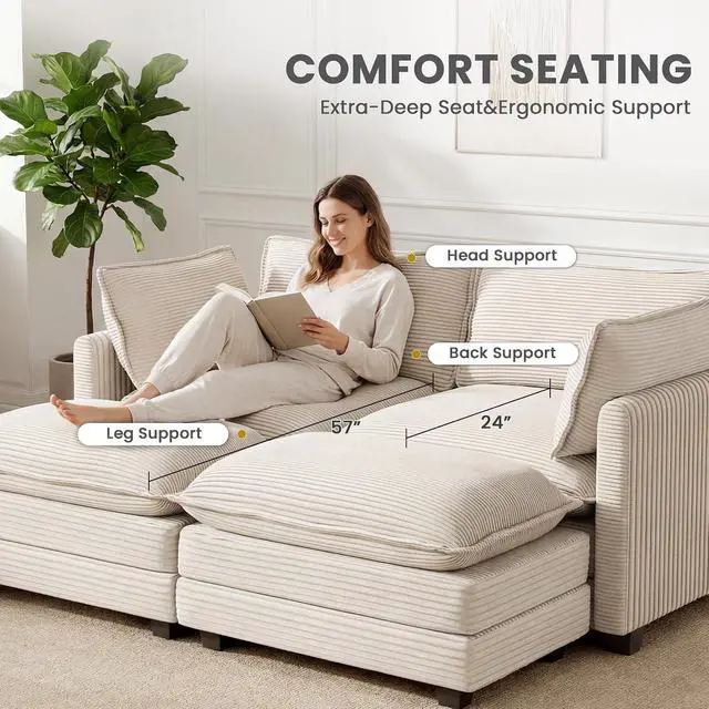 Alt view image 4 of 7 - 78'' Modular Sectional Cloud Couch with 2 Movable Ottoman, 4 Seat Comfy Modern Corduroy Sofa with 2 Throw Pillows, Deep Seat Sleeper Couch for Living Room Bedroom Apartment, Beige
