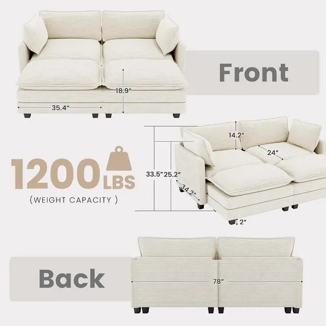 Alt view image 2 of 7 - 78'' Modular Sectional Cloud Couch with 2 Movable Ottoman, 4 Seat Comfy Modern Corduroy Sofa with 2 Throw Pillows, Deep Seat Sleeper Couch for Living Room Bedroom Apartment, Beige