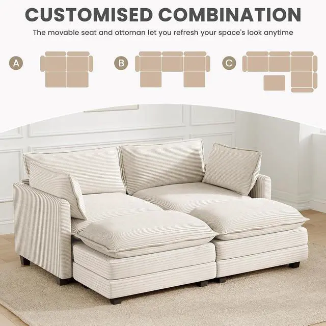 Alt view image 6 of 7 - 78'' Modular Sectional Cloud Couch with 2 Movable Ottoman, 4 Seat Comfy Modern Corduroy Sofa with 2 Throw Pillows, Deep Seat Sleeper Couch for Living Room Bedroom Apartment, Beige