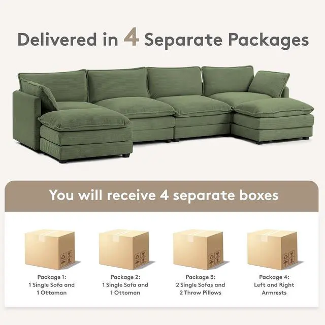 Alt view image 5 of 6 - 148'' Sectional Cloud Couch with 2 Ottomans, Oversized 4 Seat Sleeper Sofa with 2 Throw Pillows, Convertible Upholstered U Shaped Cozy Sofa Furniture Set for Living Room and Office, Green