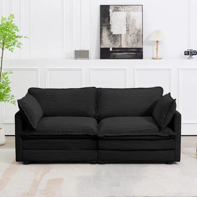 Main image of Sectional 2 Seat Cloud Loveseat with 2 Throw Pillows, Modern Corduroy Love Seat Sleeper Bed, Convertible Cozy Sofa for Living Room and Office, Black