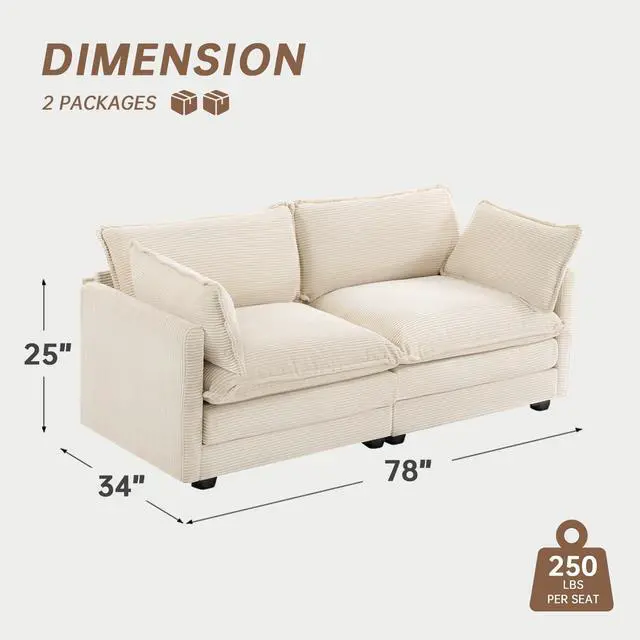 Alt view image 2 of 6 - 78'' Sectional 2 Seat Cloud Loveseat with 2 Throw Pillows, Modern Corduroy Love Seat, Cozy Sofa for Living Room, Office and Bedroom, Beige