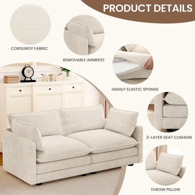 Alt view image 3 of 6 - 78'' Sectional 2 Seat Cloud Loveseat with 2 Throw Pillows, Modern Corduroy Love Seat, Cozy Sofa for Living Room, Office and Bedroom, Beige