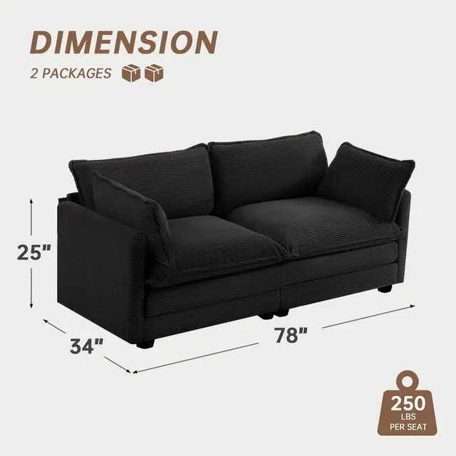 Alt view image 2 of 7 - Sectional 2 Seat Cloud Loveseat with 2 Throw Pillows, Modern Corduroy Love Seat Sleeper Bed, Convertible Cozy Sofa for Living Room and Office, Black
