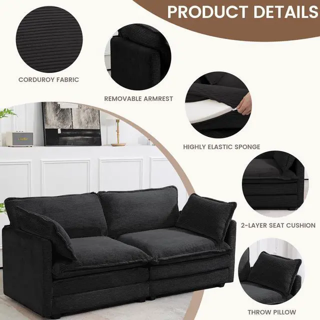 Alt view image 4 of 7 - Sectional 2 Seat Cloud Loveseat with 2 Throw Pillows, Modern Corduroy Love Seat Sleeper Bed, Convertible Cozy Sofa for Living Room and Office, Black