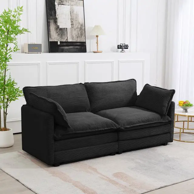 Alt view image 3 of 7 - Sectional 2 Seat Cloud Loveseat with 2 Throw Pillows, Modern Corduroy Love Seat Sleeper Bed, Convertible Cozy Sofa for Living Room and Office, Black