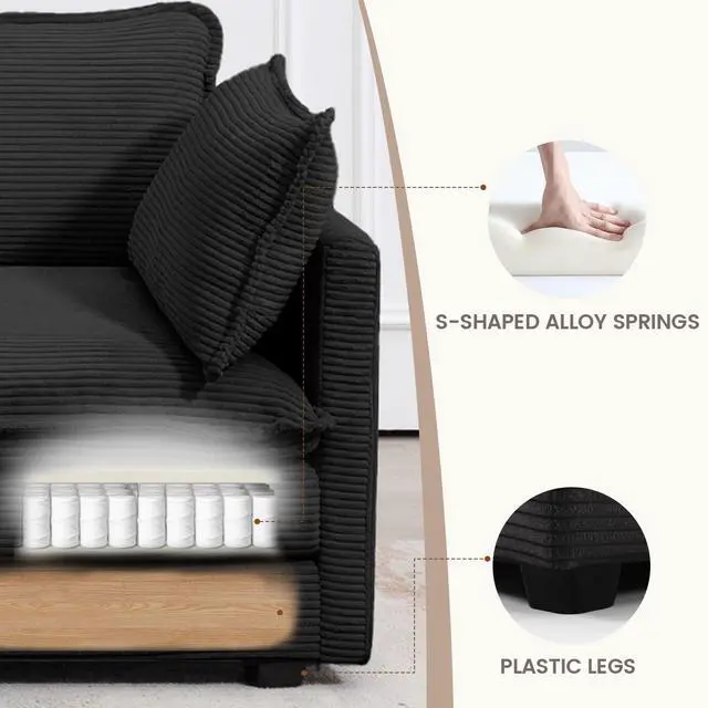 Alt view image 5 of 7 - Sectional 2 Seat Cloud Loveseat with 2 Throw Pillows, Modern Corduroy Love Seat Sleeper Bed, Convertible Cozy Sofa for Living Room and Office, Black