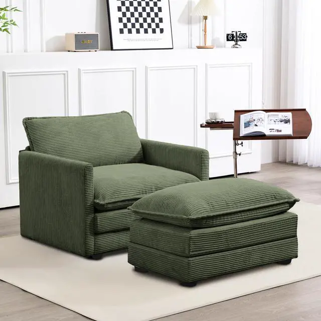 Main image of Single Armchair with Ottoman, Modern Corduroy Cloud Couch with Convertible Chaise, Upholstered Sofa Set for Living Room, Green