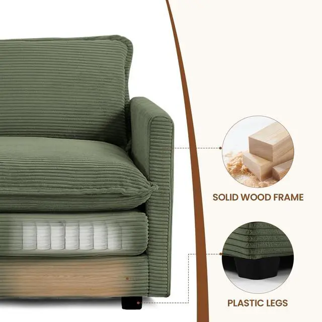 Alt view image 4 of 7 - Single Armchair with Ottoman, Modern Corduroy Cloud Couch with Convertible Chaise, Upholstered Sofa Set for Living Room, Green