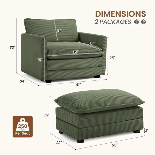 Alt view image 2 of 7 - Single Armchair with Ottoman, Modern Corduroy Cloud Couch with Convertible Chaise, Upholstered Sofa Set for Living Room, Green