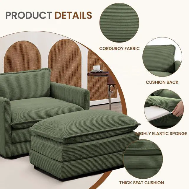 Alt view image 3 of 7 - Single Armchair with Ottoman, Modern Corduroy Cloud Couch with Convertible Chaise, Upholstered Sofa Set for Living Room, Green