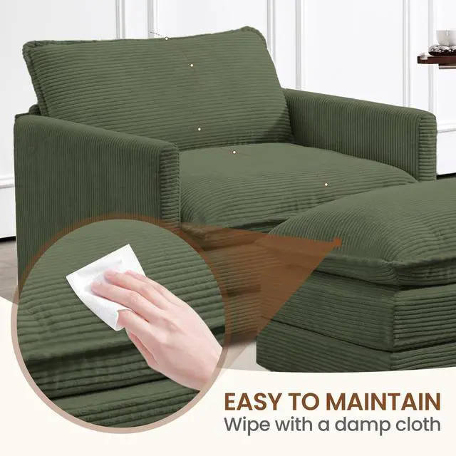 Alt view image 5 of 7 - Single Armchair with Ottoman, Modern Corduroy Cloud Couch with Convertible Chaise, Upholstered Sofa Set for Living Room, Green