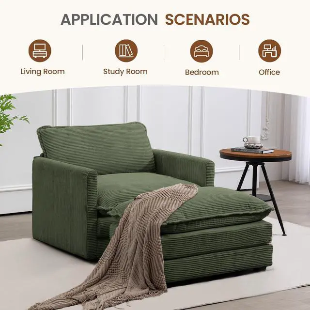 Alt view image 6 of 7 - Single Armchair with Ottoman, Modern Corduroy Cloud Couch with Convertible Chaise, Upholstered Sofa Set for Living Room, Green