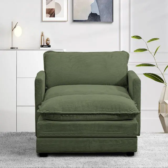 Alt view image 7 of 7 - Single Armchair with Ottoman, Modern Corduroy Cloud Couch with Convertible Chaise, Upholstered Sofa Set for Living Room, Green