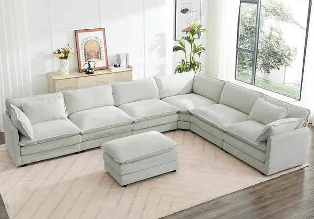 Main image of 150'' Modular Sectional Corner Cloud Couch, 7 Seater Sofa Big Comfy Corduroy V Shaped Couch with 4 Throw Pillows, Movable Ottoman, Couches for Living Room Office Light Grey