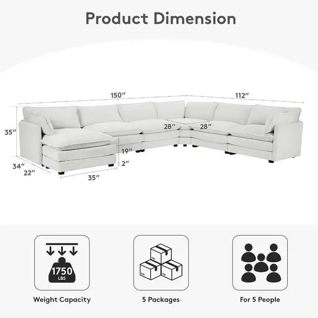 Alt view image 2 of 7 - 150'' Modular Sectional Corner Cloud Couch, 7 Seater Sofa Big Comfy Corduroy V Shaped Couch with 4 Throw Pillows, Movable Ottoman, Couches for Living Room Office Light Grey