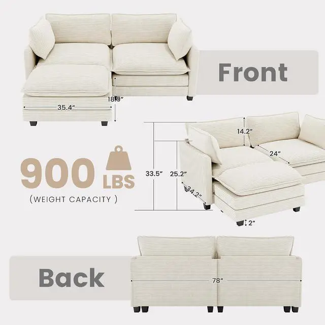 Alt view image 2 of 7 - 78'' Modular Sectional Cloud Couch with Movable Ottoman, 3 Seat Comfy Modern Corduroy Sofa with 2 Throw Pillows, Deep Seat L Shaped Couch for Living Room Bedroom Apartment, Beige