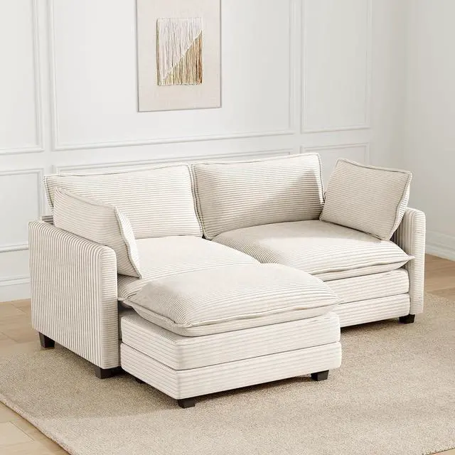 Main image of 78'' Modular Sectional Cloud Couch with Movable Ottoman, 3 Seat Comfy Modern Corduroy Sofa with 2 Throw Pillows, Deep Seat L Shaped Couch for Living Room Bedroom Apartment, Beige