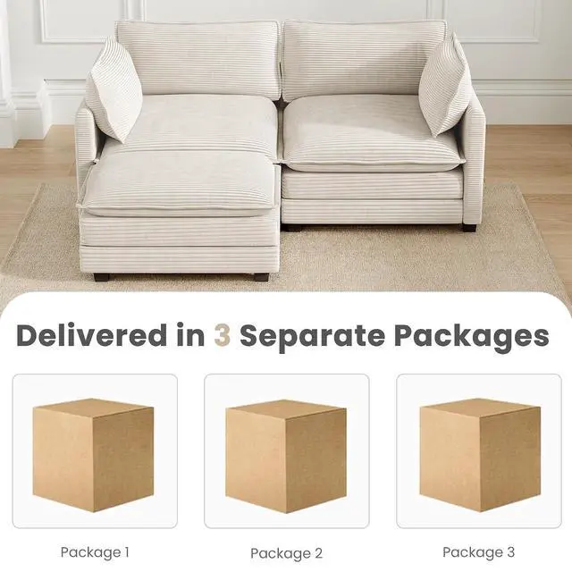 Alt view image 3 of 7 - 78'' Modular Sectional Cloud Couch with Movable Ottoman, 3 Seat Comfy Modern Corduroy Sofa with 2 Throw Pillows, Deep Seat L Shaped Couch for Living Room Bedroom Apartment, Beige