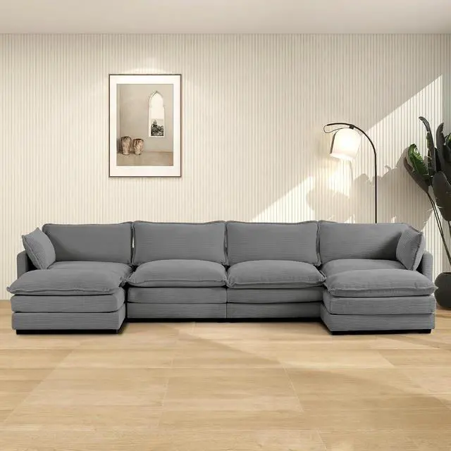 Main image of 148'' Sectional Cloud Couch with 2 Ottomans, Oversized 4 Seat Sleeper Sofa with 2 Throw Pillows, Convertible Upholstered U Shaped Cozy Sofa Furniture Set for Living Room and Office, Dark Grey