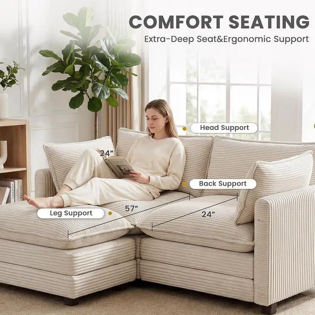 Alt view image 4 of 7 - 78'' Modular Sectional Cloud Couch with Movable Ottoman, 3 Seat Comfy Modern Corduroy Sofa with 2 Throw Pillows, Deep Seat L Shaped Couch for Living Room Bedroom Apartment, Beige