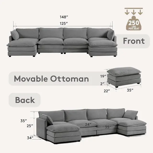 Alt view image 2 of 7 - 148'' Sectional Cloud Couch with 2 Ottomans, Oversized 4 Seat Sleeper Sofa with 2 Throw Pillows, Convertible Upholstered U Shaped Cozy Sofa Furniture Set for Living Room and Office, Dark Grey