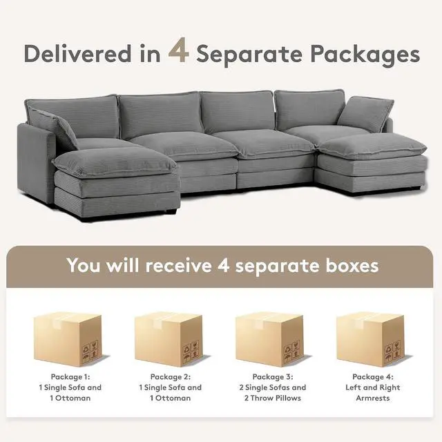 Alt view image 3 of 7 - 148'' Sectional Cloud Couch with 2 Ottomans, Oversized 4 Seat Sleeper Sofa with 2 Throw Pillows, Convertible Upholstered U Shaped Cozy Sofa Furniture Set for Living Room and Office, Dark Grey