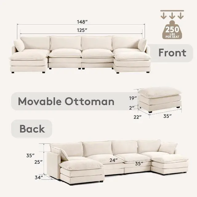 Alt view image 2 of 7 - 148'' Sectional Cloud Couch with 2 Ottomans, Oversized 4 Seat Sleeper Sofa with 2 Throw Pillows, Convertible Upholstered U Shaped Cozy Sofa Furniture Set for Living Room and Office, Beige