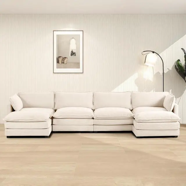 Main image of 148'' Sectional Cloud Couch with 2 Ottomans, Oversized 4 Seat Sleeper Sofa with 2 Throw Pillows, Convertible Upholstered U Shaped Cozy Sofa Furniture Set for Living Room and Office, Beige