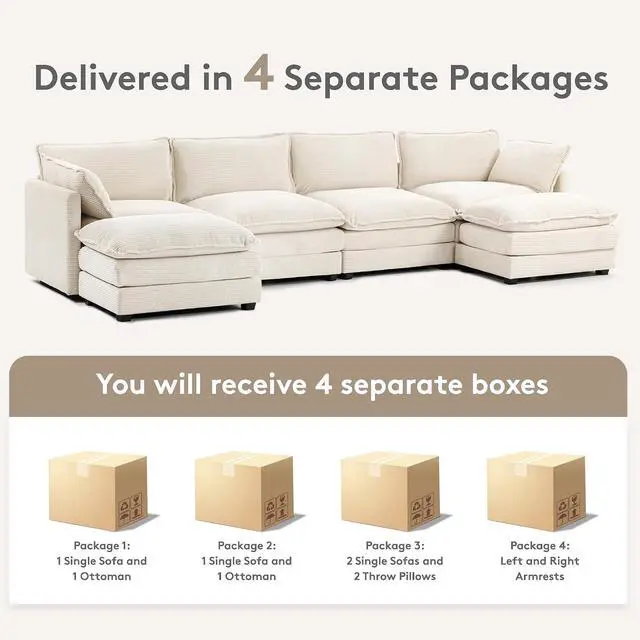 Alt view image 3 of 7 - 148'' Sectional Cloud Couch with 2 Ottomans, Oversized 4 Seat Sleeper Sofa with 2 Throw Pillows, Convertible Upholstered U Shaped Cozy Sofa Furniture Set for Living Room and Office, Beige