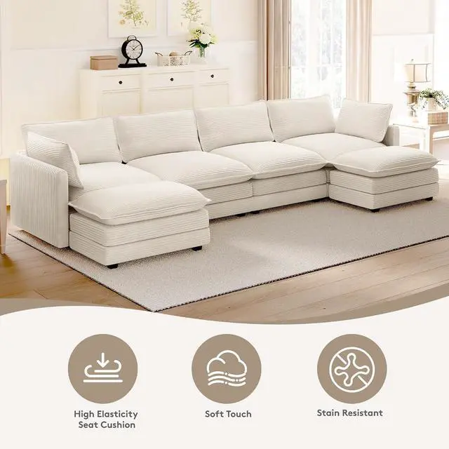 Alt view image 4 of 7 - 148'' Sectional Cloud Couch with 2 Ottomans, Oversized 4 Seat Sleeper Sofa with 2 Throw Pillows, Convertible Upholstered U Shaped Cozy Sofa Furniture Set for Living Room and Office, Beige