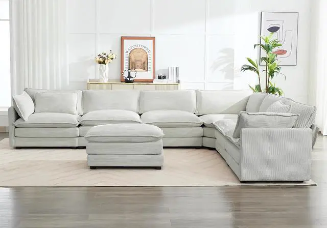 Alt view image 7 of 7 - 150'' Modular Sectional Corner Cloud Couch, 7 Seater Sofa Big Comfy Corduroy V Shaped Couch with 4 Throw Pillows, Movable Ottoman, Couches for Living Room Office Light Grey