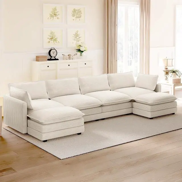 Alt view image 6 of 7 - 148'' Sectional Cloud Couch with 2 Ottomans, Oversized 4 Seat Sleeper Sofa with 2 Throw Pillows, Convertible Upholstered U Shaped Cozy Sofa Furniture Set for Living Room and Office, Beige