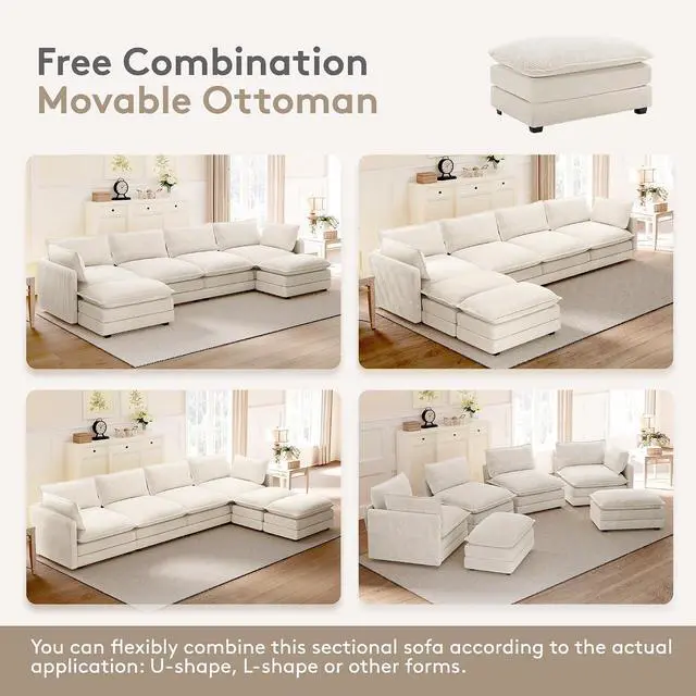 Alt view image 7 of 7 - 148'' Sectional Cloud Couch with 2 Ottomans, Oversized 4 Seat Sleeper Sofa with 2 Throw Pillows, Convertible Upholstered U Shaped Cozy Sofa Furniture Set for Living Room and Office, Beige
