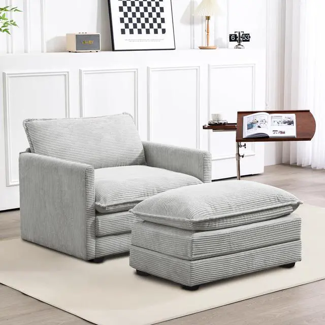 Main image of Single Armchair with Ottoman, Modern Corduroy Cloud Couch with Convertible Chaise, Upholstered Sofa Set for Living Room, Light Grey